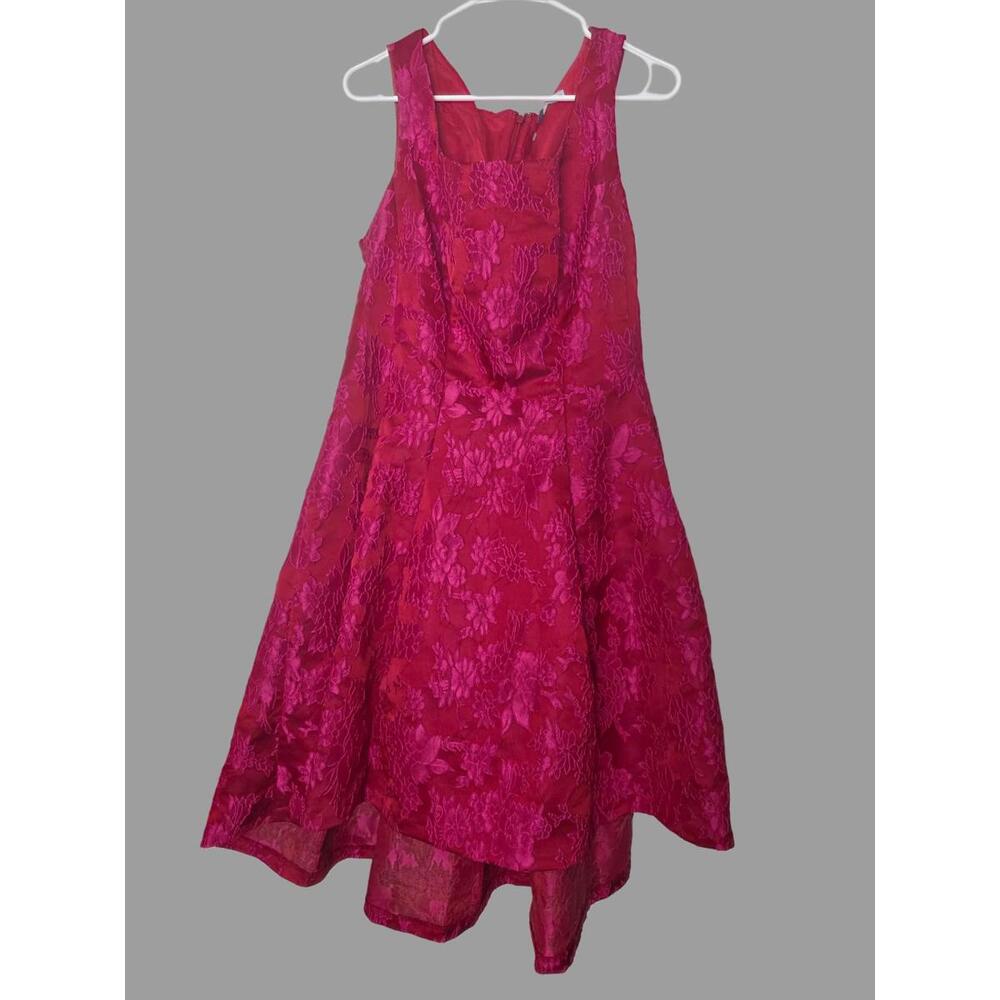 Luxe by Carmen Marc Valvo vibrant red embossed pink floral formal dress